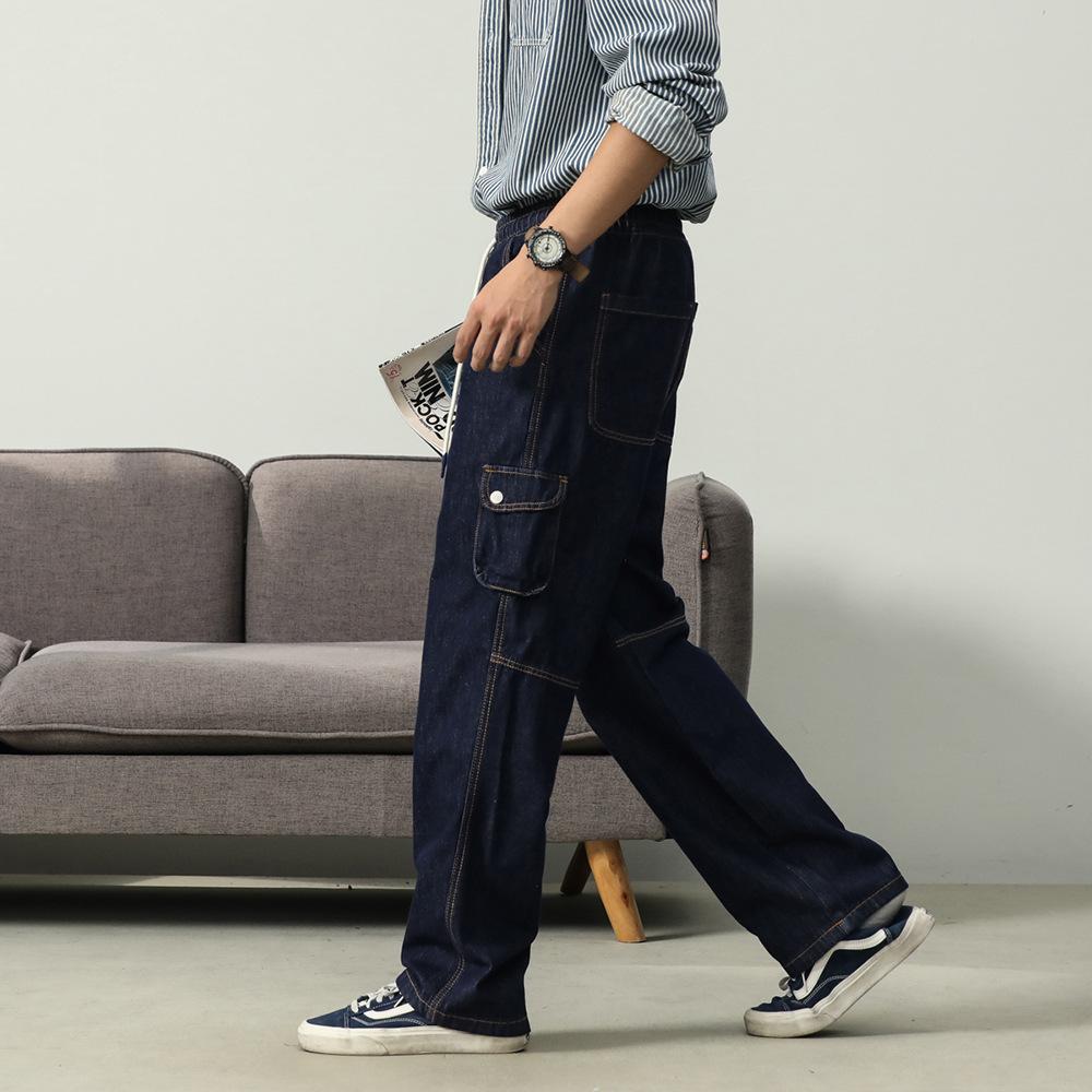 Tethered Jeans Men's Tooling Men's Pants American High Street Loose Straight Pants Men's Elastic Waist Casual Pants Trendy Brand