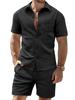 Men's Summer Solid Color Jacquard Casual Set Short Sleeve Shirt and Shorts Two Piece Outfit Breathable Quick Dry Beach Vacation