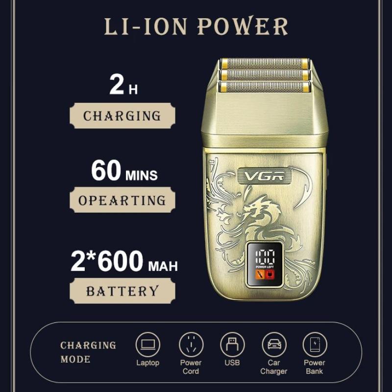 Professional VGR V-349 Retro Metal Shaver Three Blade Deep Cleaning Shaver Embossed Body Intelligent LCD Digital Hair Trimmer Safe and Skin-friendly