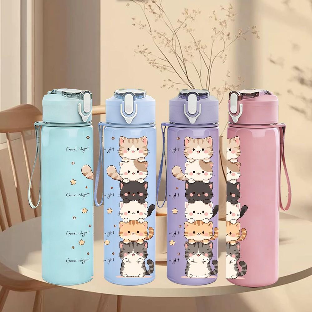 1PC Vertical Stacked Kitten Cartoon Print 750ml Color Plastic Sports Water Bottle Leakproof Flip Straw Lid Suitable for Sports Office Home Use