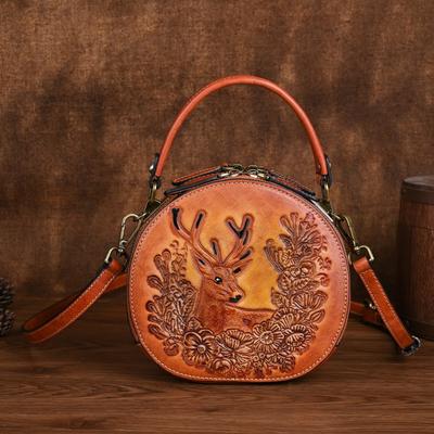 Vintage Animal Pattern Embossed Small Circular Bag Genuine Leather Women Shoulder & Crossbody Bags