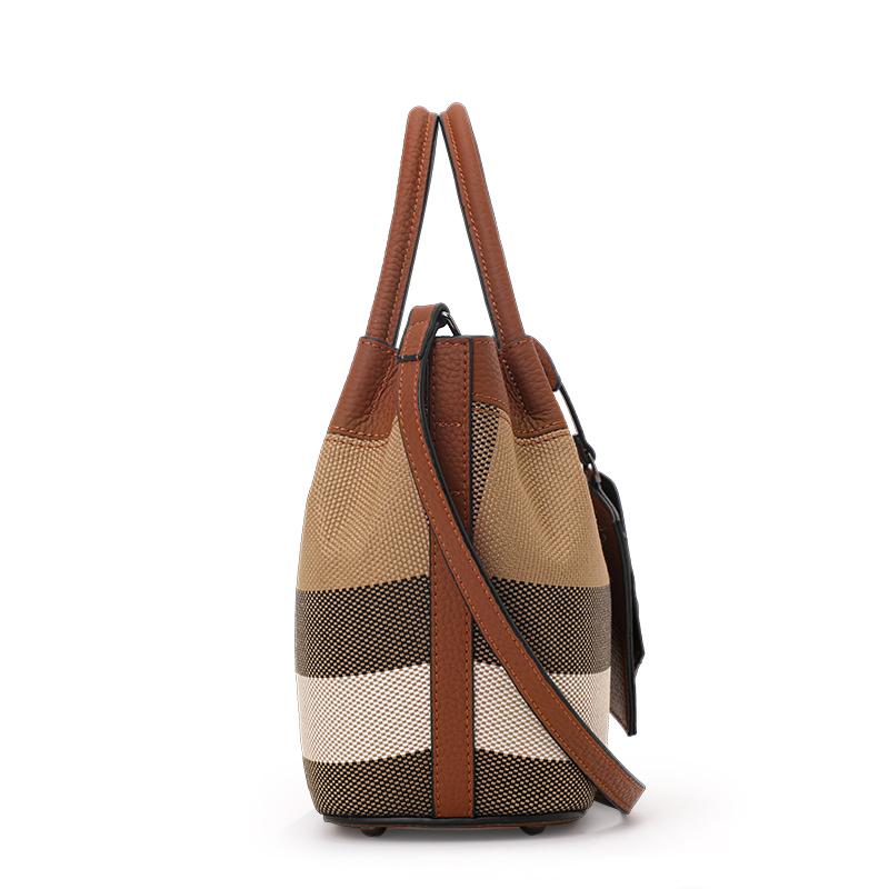 Aidrani Genuine Leather Canvas Bag Plaid Pattern Women's Handbag Fashion Design Cowhide Bag Basket Shaped Brown Color