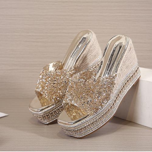 

Модные криперы с блестками, прозрачные тапочки, женские босоножки на танкетке, шлепанцы, летние туфли на платформе, женские прозрачные шлепанцы с пайетками 6 золотой