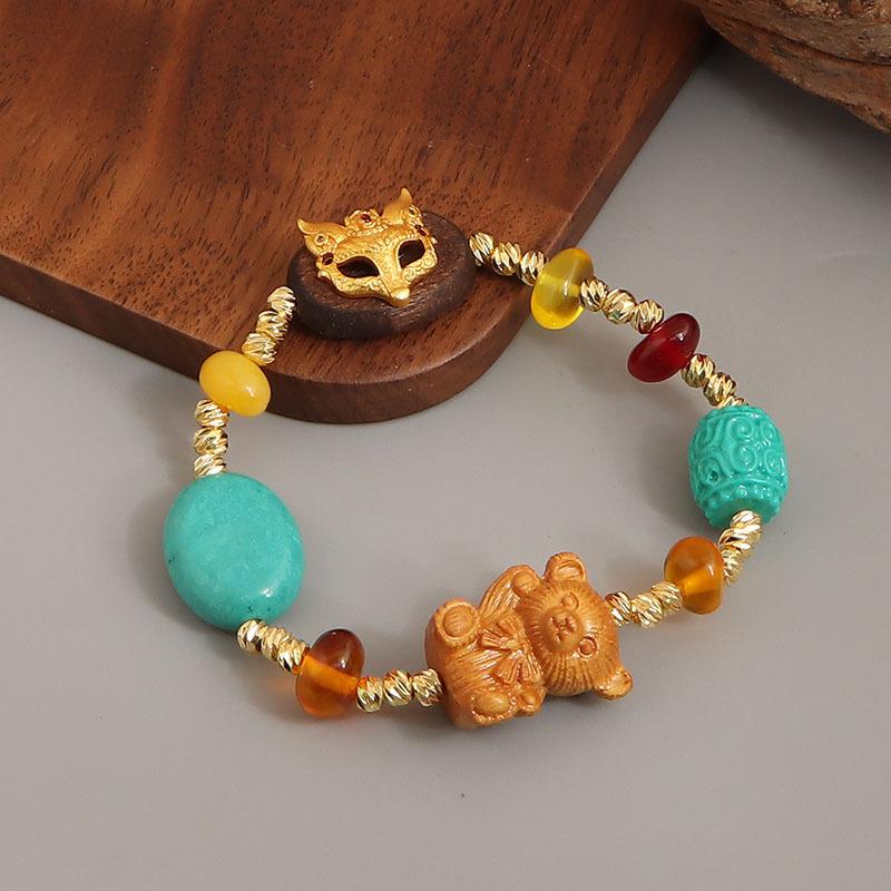 New Chinese Magnesite Turquoise Sandalwood Bracelet Design Gentle White Nine-tailed Fox Red Agate Accessories Fashion Bracelet
