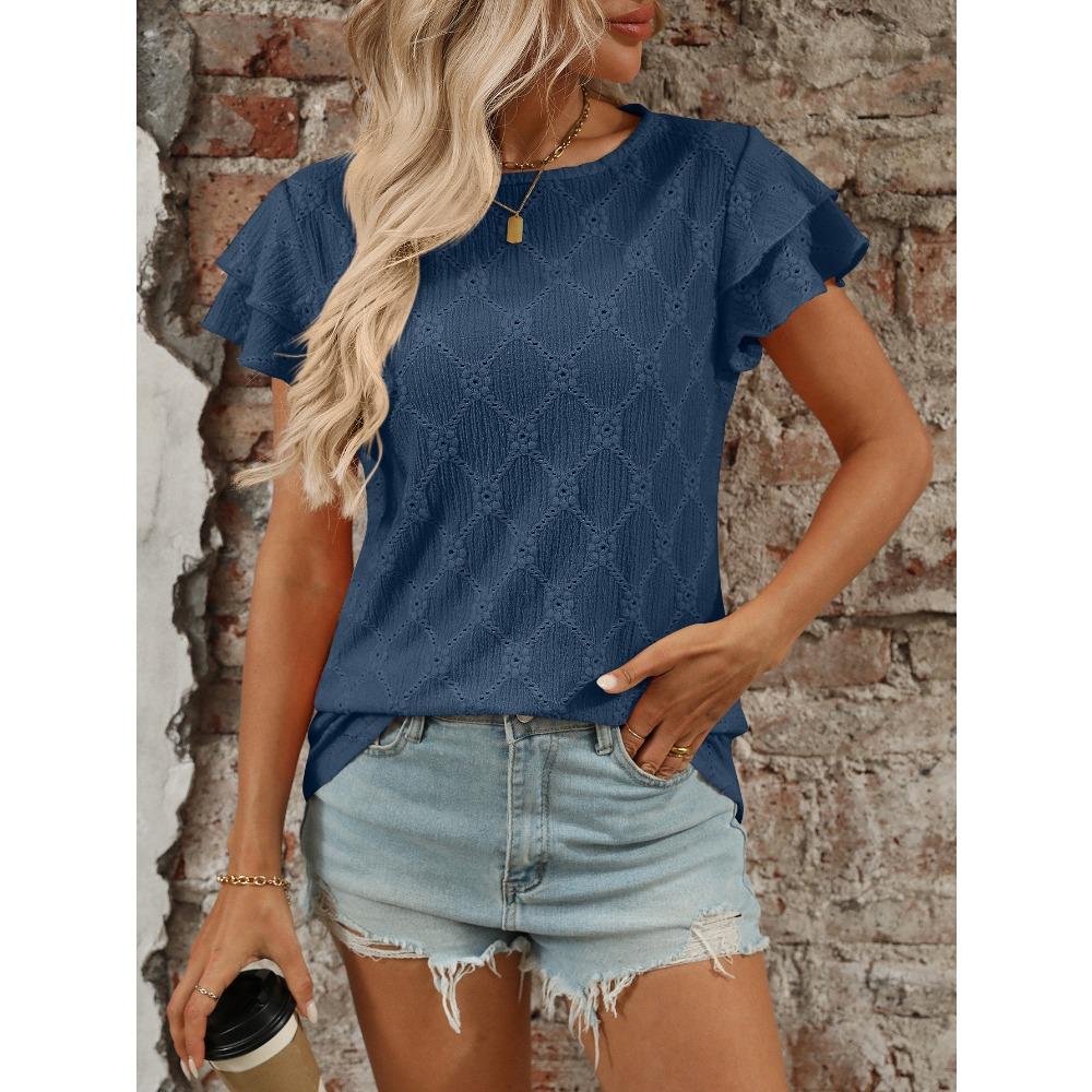 Damen Sommer Neuer Stil Einfarbig Rundhals Süß Kurzarm T-Shirt Ausgehöhltes Oberteil