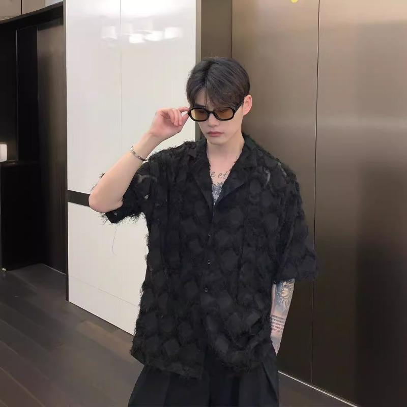 

Men s Frayed Textured Short Sleeve Shirt Casual Chinese Style Clip Detail Streetwear Top XL чорний