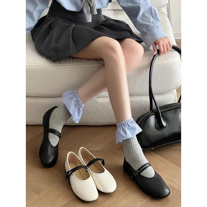 Sheepskin Version~ 2025 New French Round Head Shallow Mouth Flat Sole Shoes Women's Soft Leather Mary Jane Shoes White Ballet Shoes