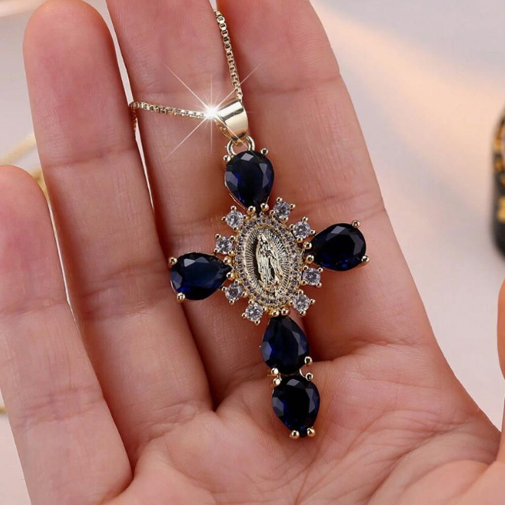 Elegant Virgin Mary Crosses Pendant Necklace Adornment with Sparkling Rhinestones for Wedding and Everyday Wear