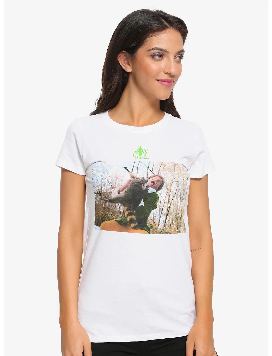 Elf Christmas Movie Juniors Buddy Raccoon Hug White T-Shirt New XS, L, XL, 3XL 4XL