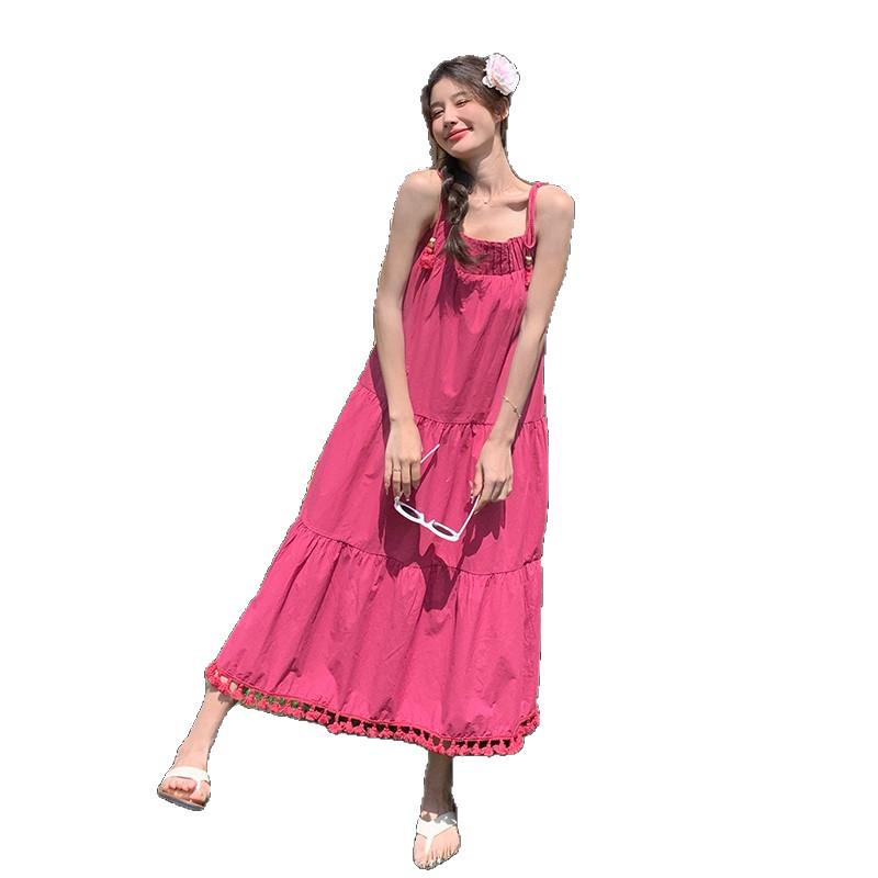 Niche Design Tassel Strappy Dress - Women's Elegant Summer Beach Vacation Style, Loose and Slimming Long Skirt