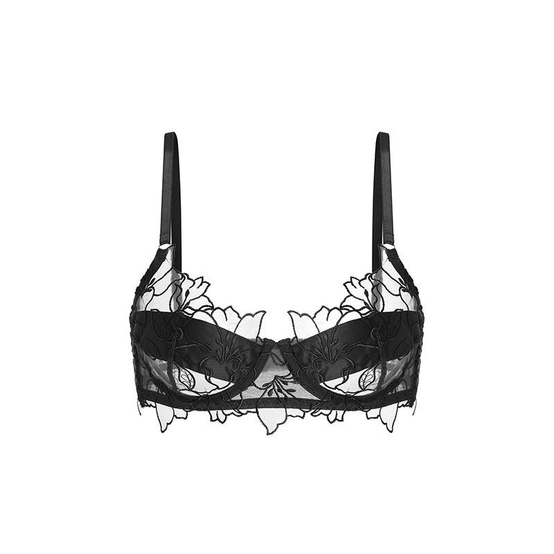 Sexy erotic underwear women's French summer ultra-thin embroidered lace bra big chest small anti-sagging underwear set