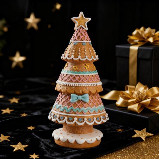 Mini Gingerbread Christmas Tree Ornament Miniature Xmas Tree Resin Statue Figurine Home Office Holiday Party Tabletop Decoration