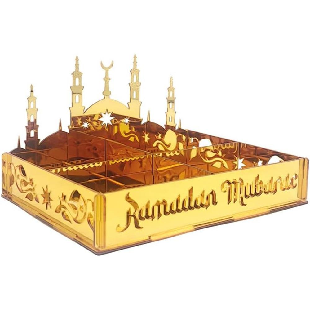 Ramadan Tray Eid Mubarak Serving Tray Hollow Palace Acrylic Mirror Tray Fruit Plate Tableware Dessert Platters DIY Display Holder Ramadan Decor