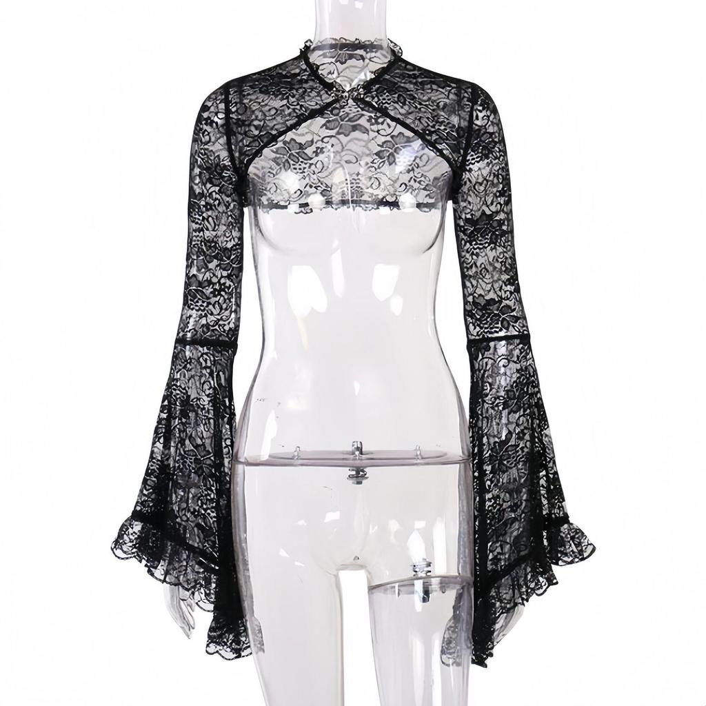 Women's Black Lace Bell Sleeve Halloween Top - Elegant Stand-up Collar
