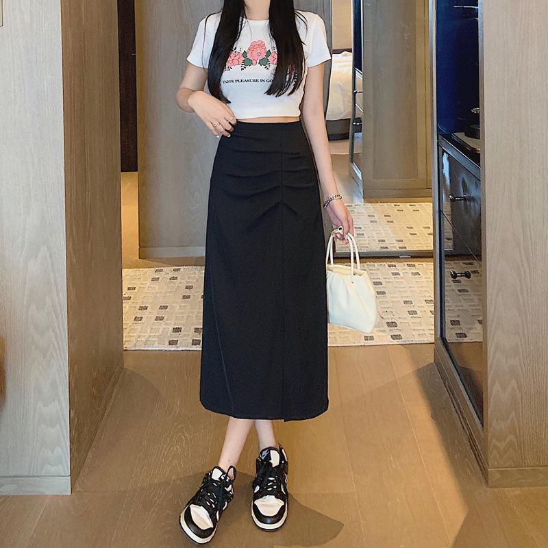 2026 Pleated A-Line High Waist Split Skirt: Slimming Mid-Length Spring/Summer Women's Fashion