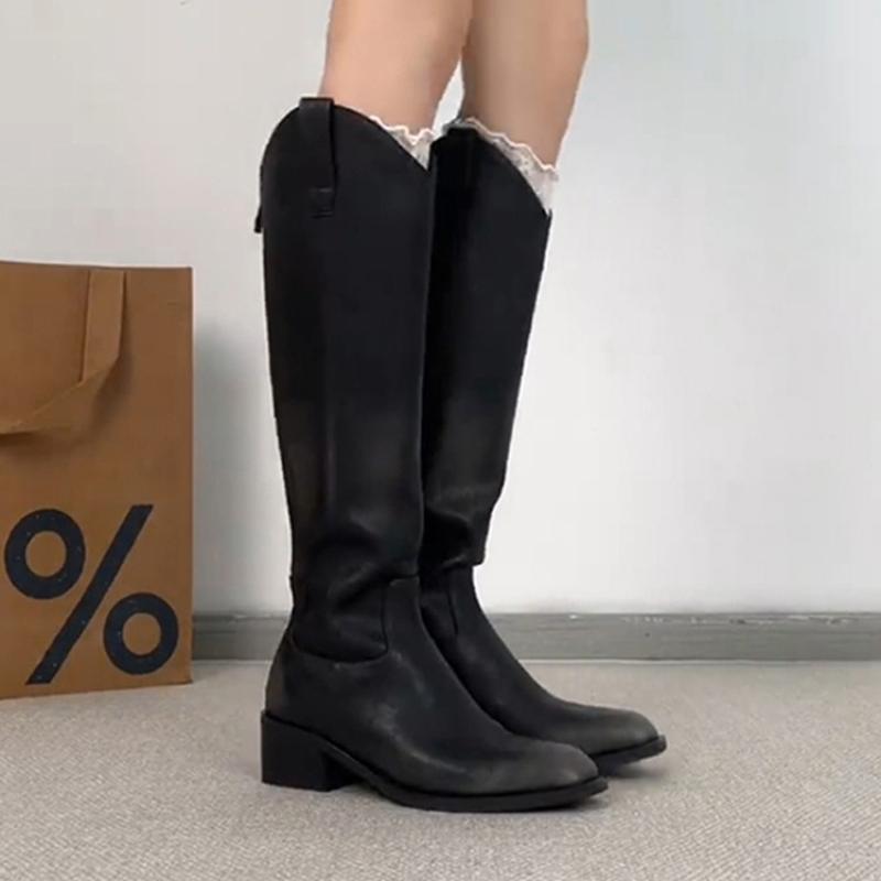 

New Women S Natural Suede Thick Med Heel Pointed Toe Slip-On Autumn Knee High Boots Elegant Ladies Long Boots 42