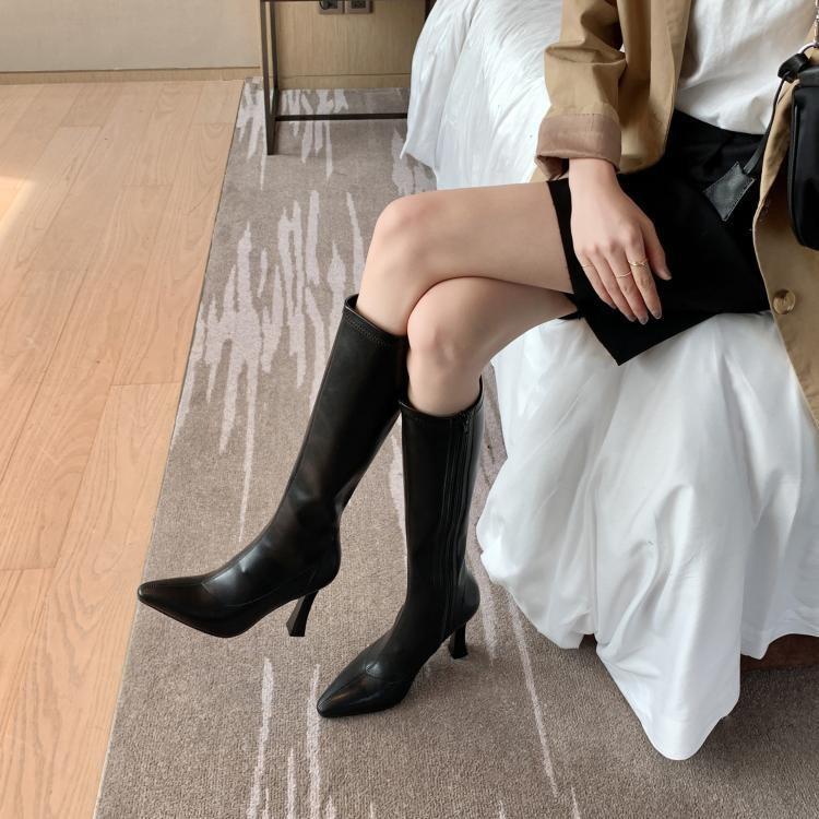 ins niche design! Show long legs! Korean square head high elastic boots, super high heel but knee thin boots