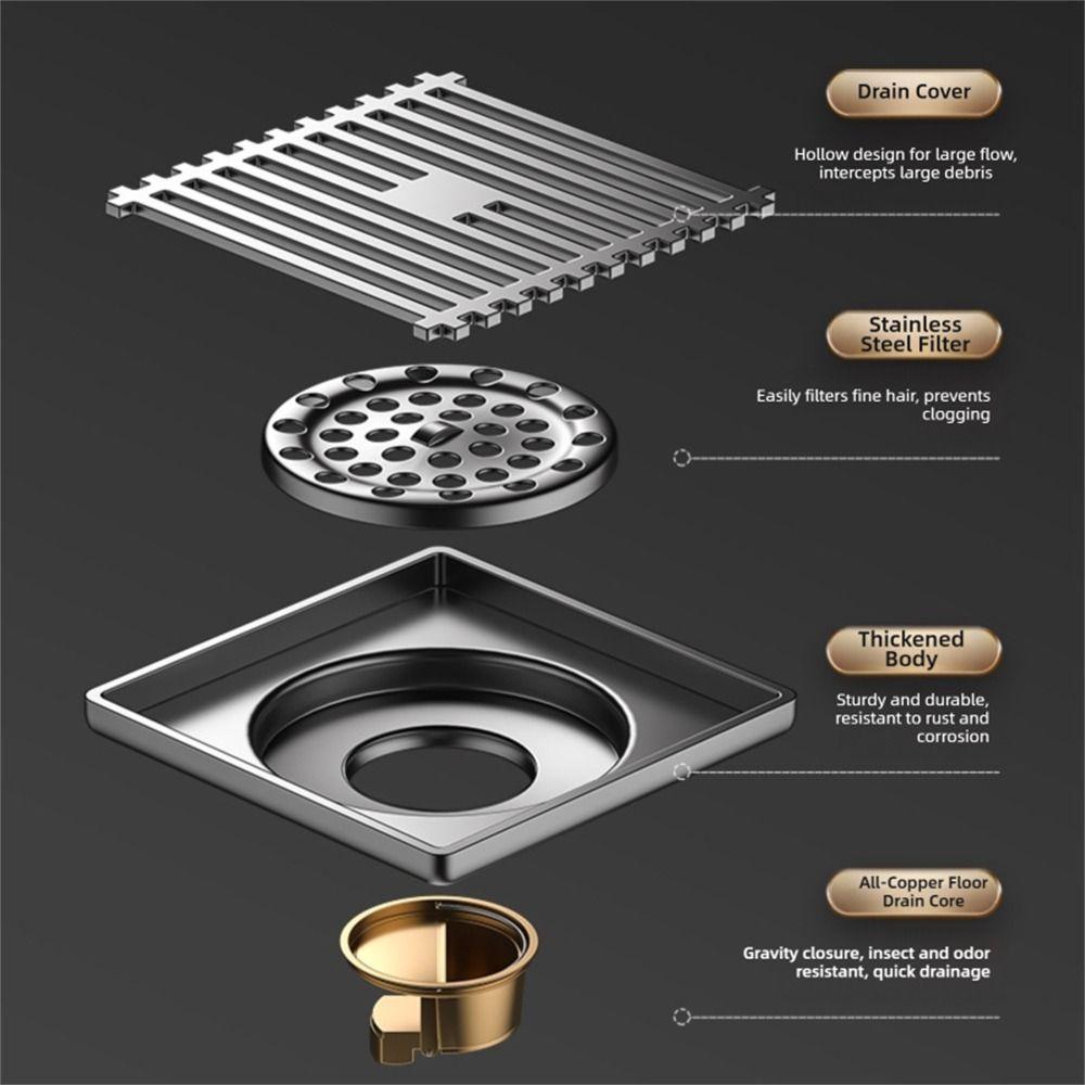 Stainless Steel Shower Floor Drain Grey Backflow Preventer Fast Drainage Floor Drain Square Anti-odor Shower Drain Universal