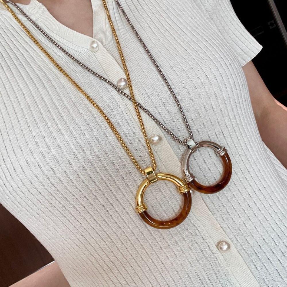 Circle Pendant Long Chain Necklace Stainless Steel Chain Sweater Chain  Party