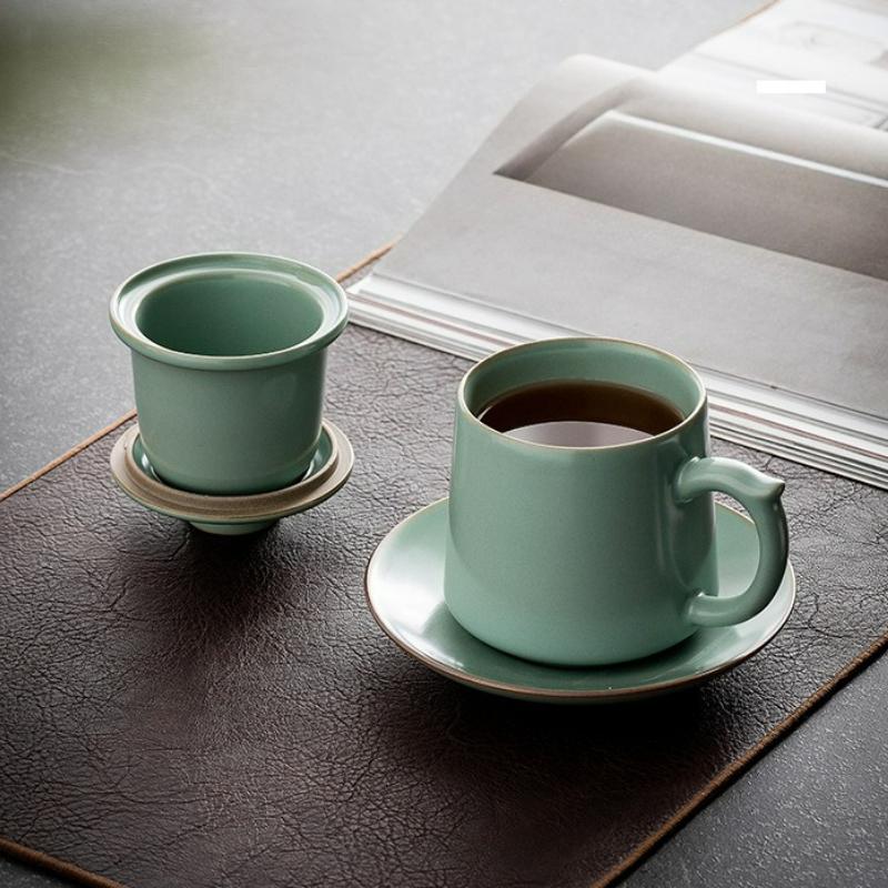 Chinese Style Ru Kiln Office Cup Ceramic Tea Water Separation Office Cup Large Capacity Mug with Lid Household Drinkware Cup