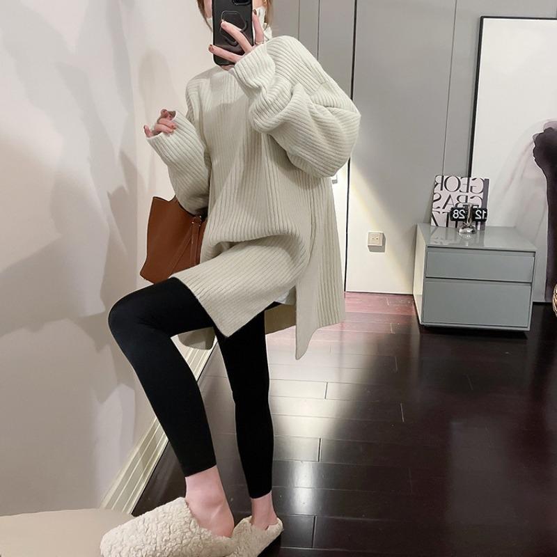 Soft Waxy Turtleneck Lazy Sweater Women's Autumn and Winter New Design Sense Versatile Split Fork Medium and Long Bottoming Top