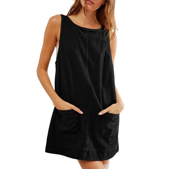Women Dress with Pockets Sleeveless Oversized A-line Pure Color Backless Above Knee Length Lady Work Party Mini Dress