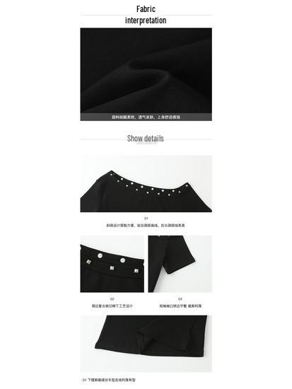 Women's Black Asymmetric Off-Shoulder T-Shirt with Rhinestones, Summer 2025 Collection - Chic and Unique Style