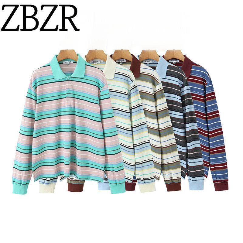 Zbzr New Fall Women's Clothing Fashion Wind Polo Collar Loose Casual Contrast Color Long Sleeves Stripes T-shirt-