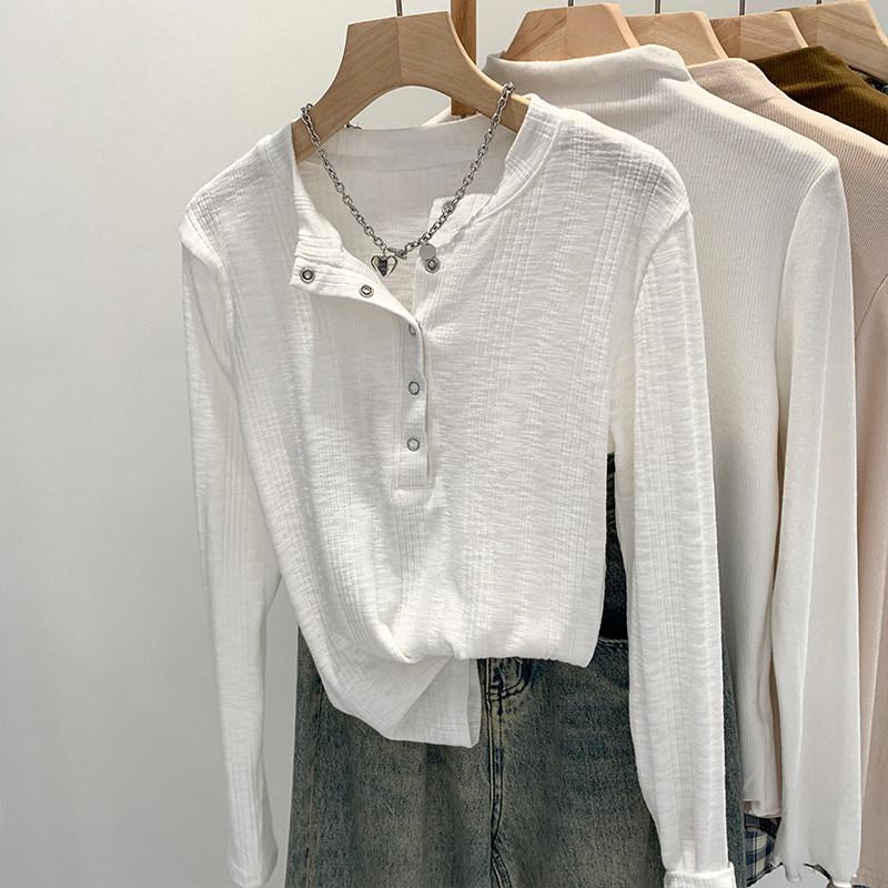 T-shirt rayé à boutons-pression à manches longues pour femme, léger et professionnel, couche de base amincissante pour l'automne/l'hiver/le printemps.