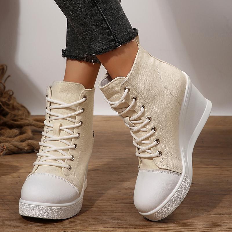 Fashion High Top Wedges Women Sneakers 2025 Autumn New Black Platform Sports Shoes Woman Lightweight Lace Up Casual Canvas Shoes