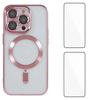 For iPhone 15 Pro Max Magnetic Case WANLONFENG Electroplated TPU Cover with Lens Film+2Pcs Tempered Glass