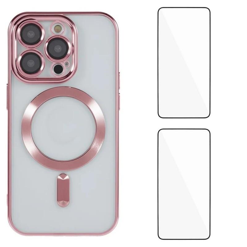 For iPhone 15 Pro Max Magnetic Case WANLONFENG Electroplated TPU Cover with Lens Film+2Pcs Tempered Glass