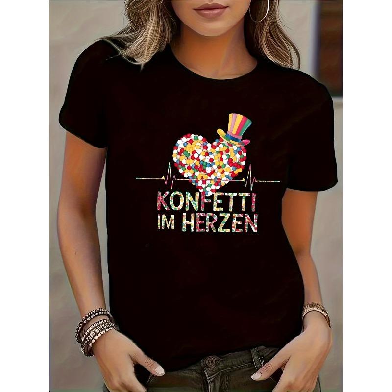 Women s Trendy Heart Print Crew Neck Short Sleeve Casual T-Shirt S чёрный