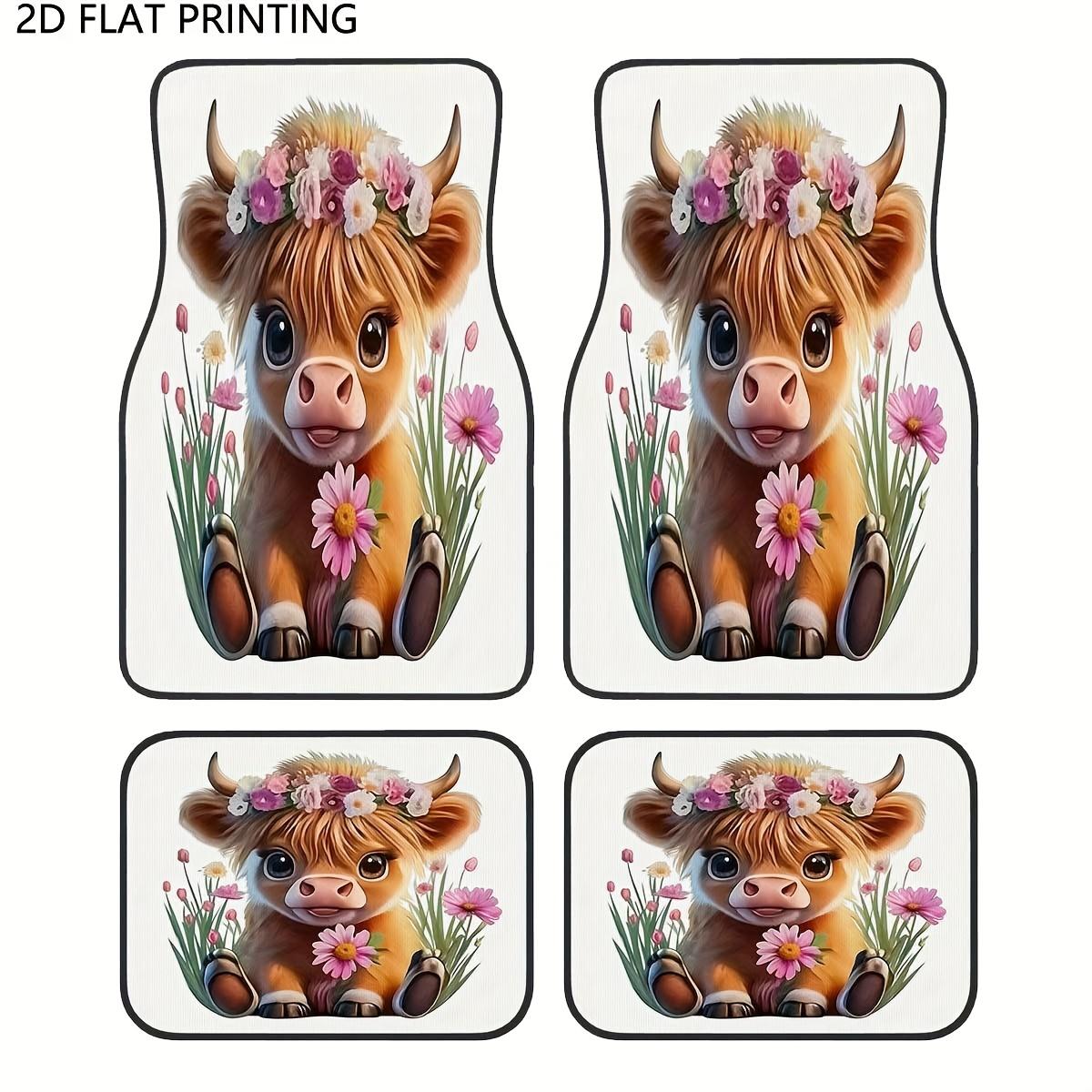4pcs Cute Highland Cow Flower Car Floor Mats - Durable Polyester, Fit For Front & Rear Seats, Vibrant Floral Design With Pink Fl