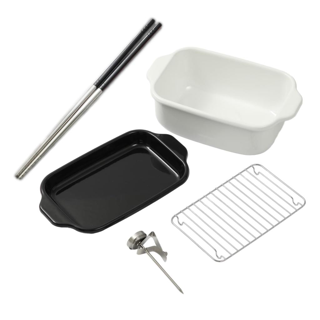 Fuji Enamel Square Deep Fryer Set with Thermometer, Baking Rack, and Stainless Steel Chopsticks. White.