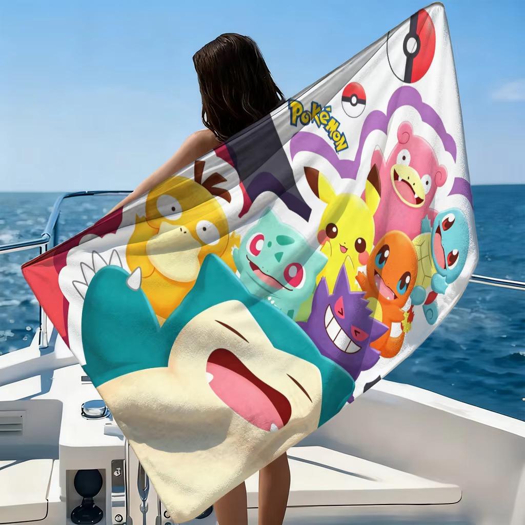 Soft Microfiber P-Pokemon Beach Towel with Pikachu Squirtle Bulbasaur Flat Print Absorbent for Beach Pool Camping Holiday Gift