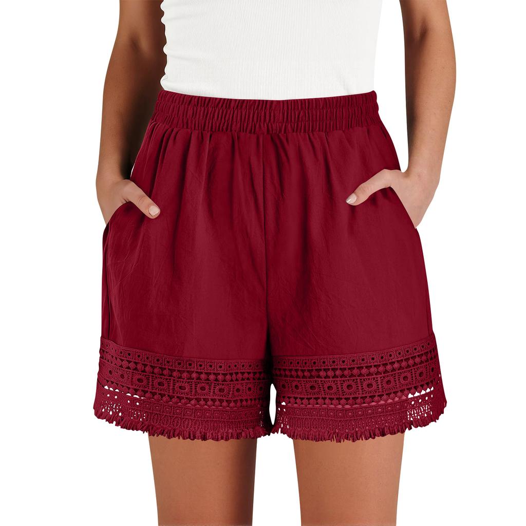 Women’s High Waist Elastic Shorts with Crochet Lace Trim Loose Fit Lightweight Summer Casual Shorts with Pockets