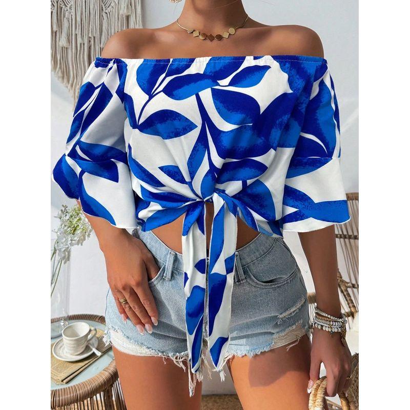 

off Shoulder Shirt European and American Fashion Trendy Women Early Autumn New Satin Print off-Shoulder Loose Shirt Blue XL