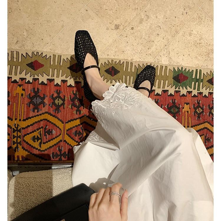 Verze z ovčí kůže~ kožené čtvercové špičky duté síťované sandály dámské nové měkké podrážky tkané sandály Mary Jane jednobotky