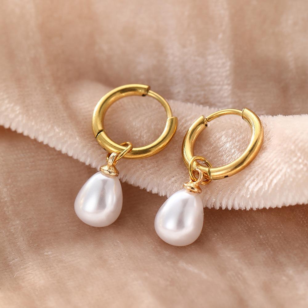 Simple Temperament Teardrop-shaped Imitation Pearl Pendant Stainless Steel Hoop Earrings for Women Daily Commuting Jewelry Gifts