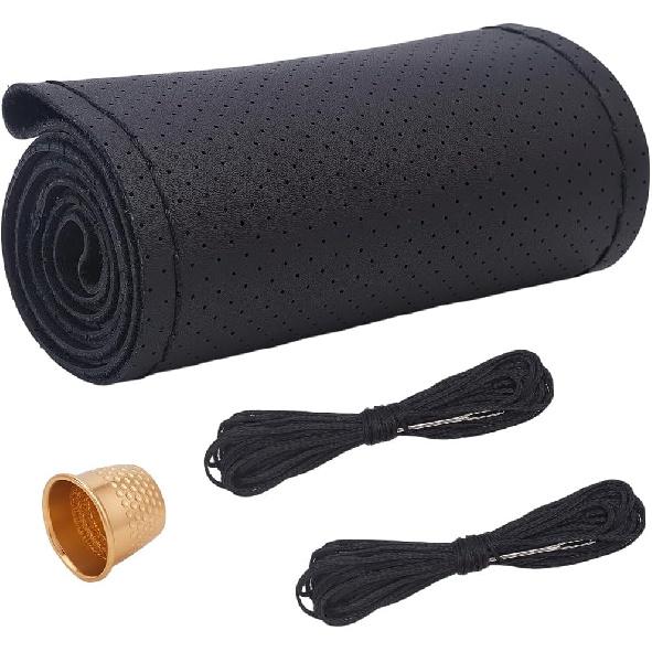 Black Cowhide Steering Wheel Cover Breathable Genuine Leather Stitch On Sewing Wrap Universal Non-Slip Car Steering Wheel DIY Protector with Needle