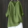 Women V Neck Linen Blend Shirt Half Button Long Sleeve Loose Fit Casual Blouse