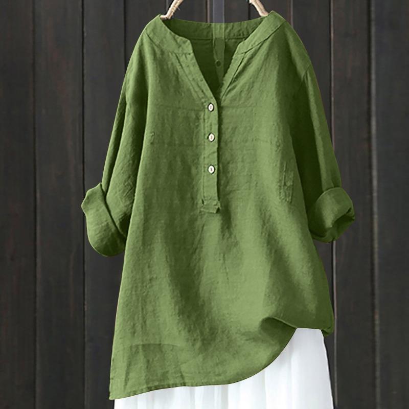 women v neck linen blend shirt half button long sleeve loose fit casual blouse S зелёный