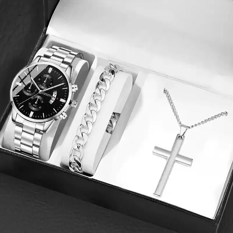 Watch Men'S Calendar Steel Strap Large Dial Simple Bracelet Cross Necklace Set