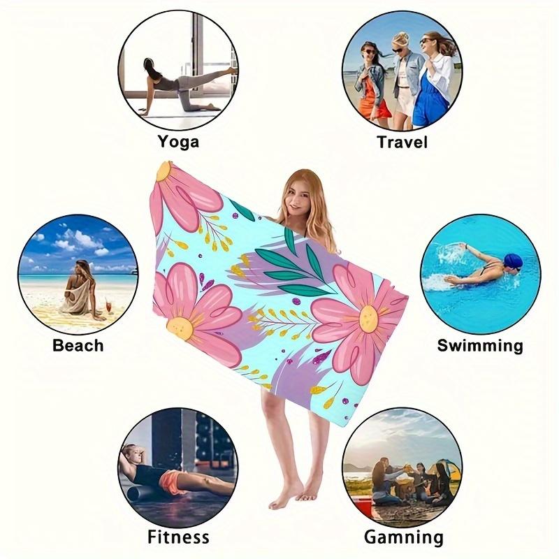 Rosa Blumenmuster mit grünen Blättern Strandtuch, Mikrofaser Weich Schnelltrocknend Saugfähig Modernes Polyester-Gestrick für Sommer Schwimmen Baden