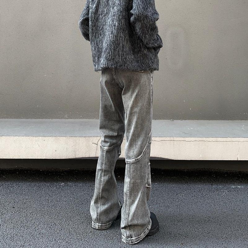 Retro Fashionable Distressed Bootcut Jeans Men's Clothing Wasteland Style Knee Patch Denim Pants High Street Casual Trousers New