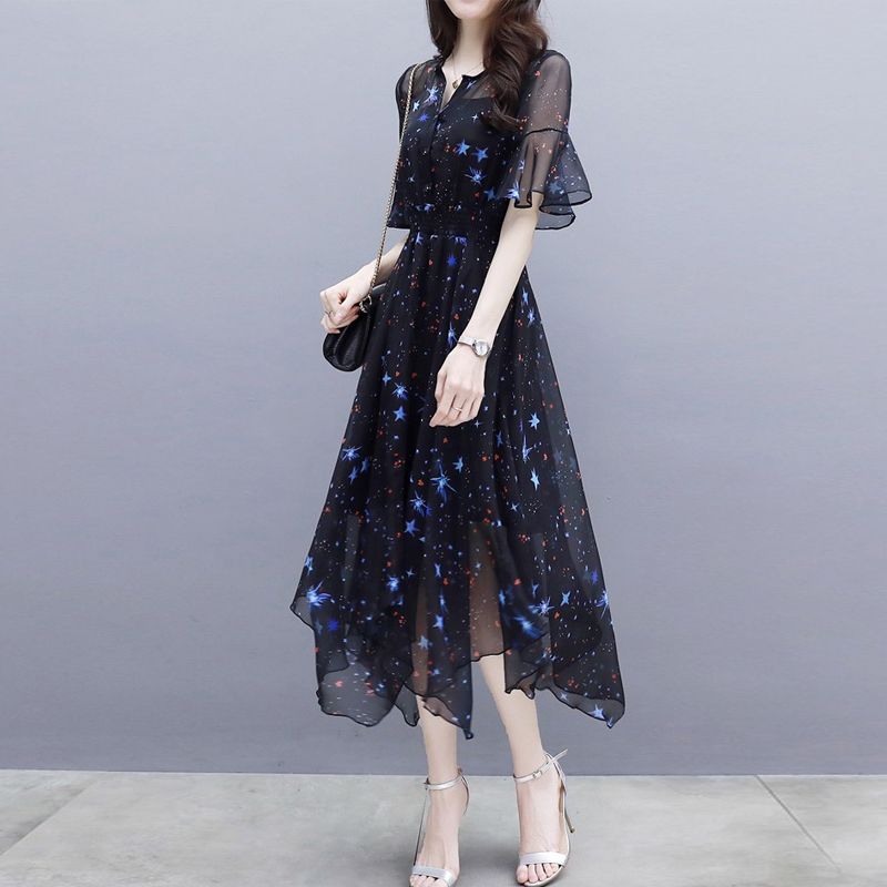 Large Women's Slim Slim Fragmented Chiffon Dress Slim Waist Over Knee Length Dress Sexy V-Neck Dress Comfortable Breathable Dresses