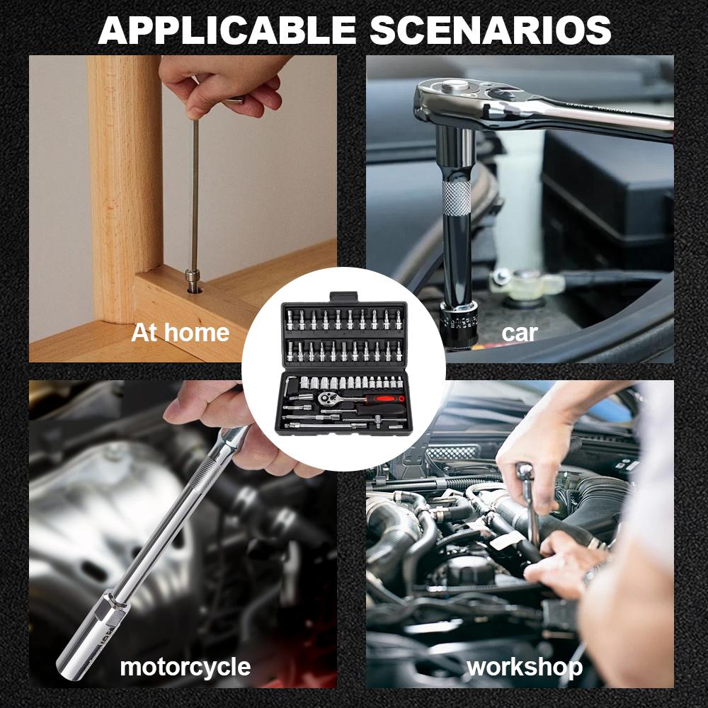 46pcs Car Repair Tool Kit Ratchet Torque Wrench Spanner Screwdriver Socket Set Combo Tools Kit Bicycle Auto Repairing Tools Mech