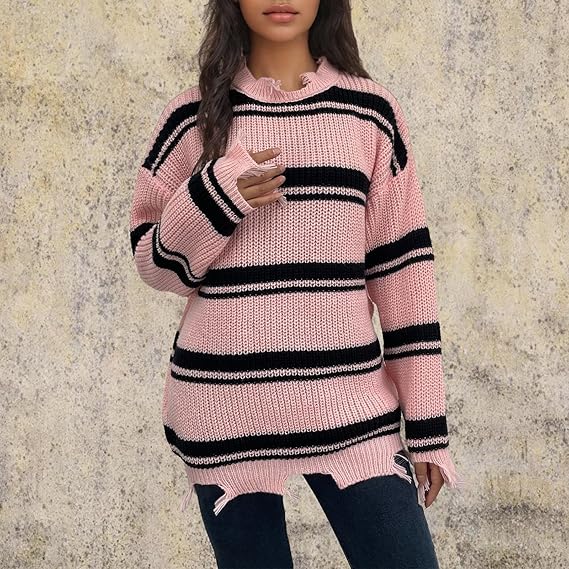Women Warm Knitted Sweater Autumn Winter Edges Tassel Pullover Top Round Neck Oversize Sweater Sweatshirt Activewear