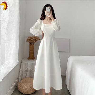 Spring Autumn Square Collar Elegant Fashion Solid A-line Dress Women Temperament Long Sleeve Robe Vestidos